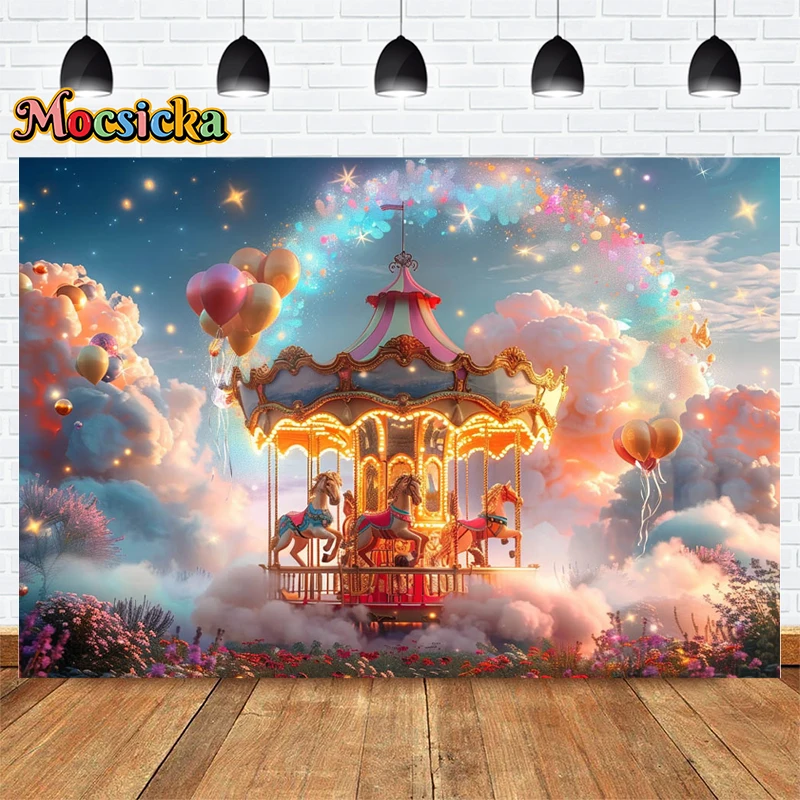 Mocsicka Birthday Party Photography Backdrop Circus Theme Castle Balloon Background Kids Portrait Cake Smash Photo Banner Studio