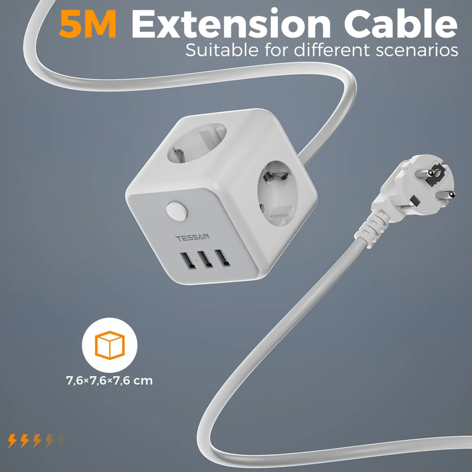 TESSAN Multiple Socket Power Strip with 3 Outlets 3 USB EU Plug Cube Electric Socket with Switch 1.5M Extension Cable for Home