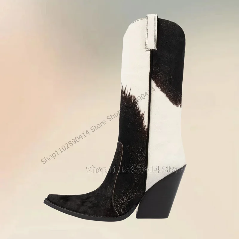 

Black White Dairy Cow Print Pointed Toe Boots Slip On Women Shoes Chunky High Heels Novel Fashion Party 2025 Zapatos Para Mujere
