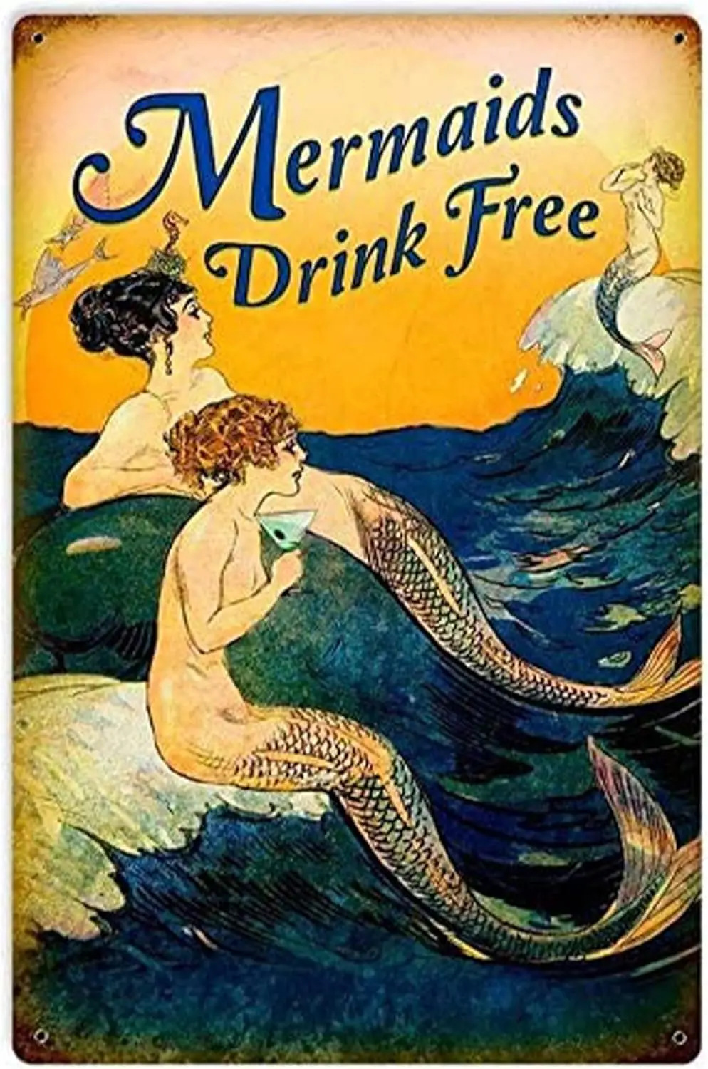 Mermaids Drink Free Tin Sign Nostalgic Metal Sign Home Decor for Culb Bar Cafe 8x12In