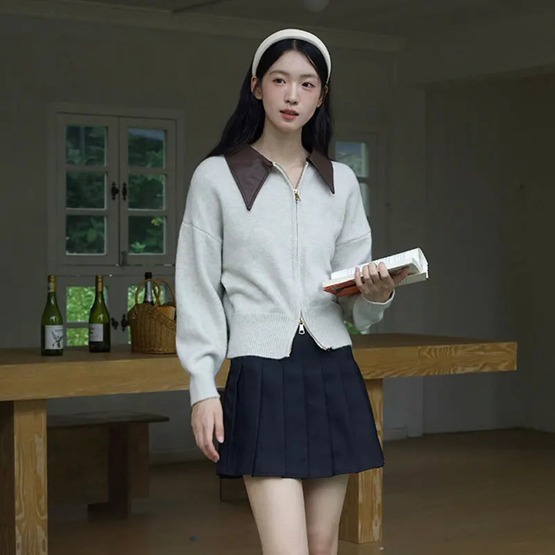 

Autumn Winter Loose Women's Knitted Cardigan with Leather Collar Double Zipper Open-irt Sli Sweater Jaet Faionable