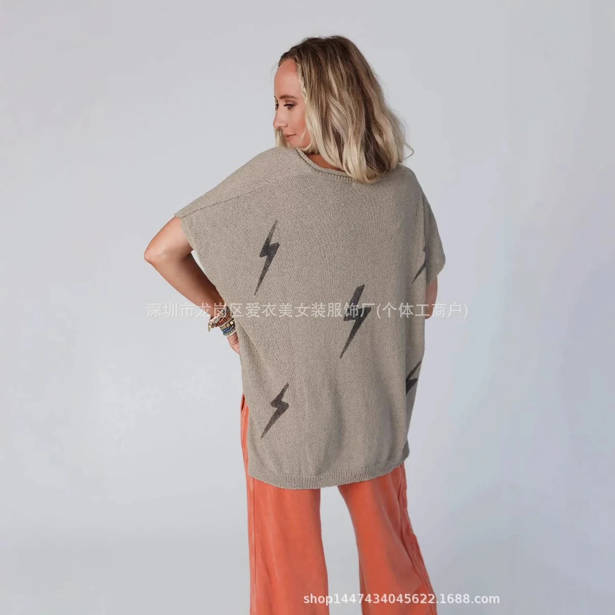 Pullover Batman Loose Lightning Short Sleeve Knitted Top With Split Ends On Both Sides