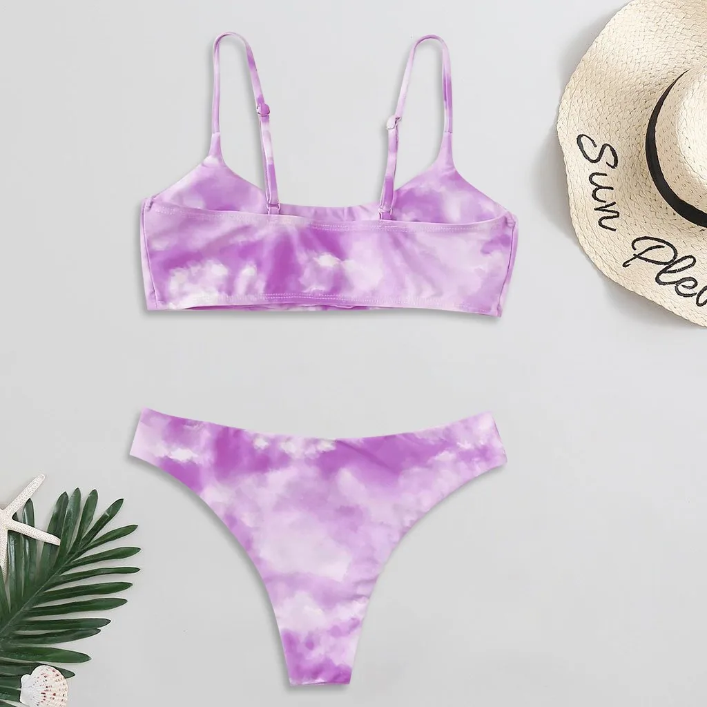 Bikini brasileño con estampado Tie-Dye para mujer, traje de baño Sexy, conjunto de dos piezas de corte alto, Tankini de playa con estampado sólido