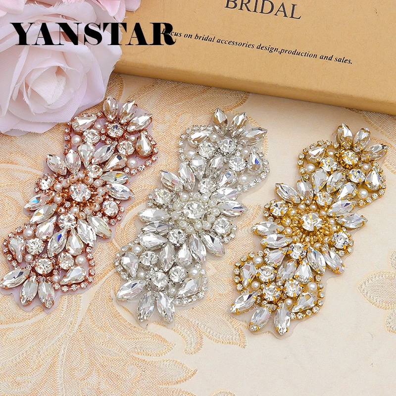 

YANSTAR 5PCS Wholesale 12*5CM Clear Rose Gold Crystal Rhinestones Appliques Patch For Wedding Dress Belt YS847