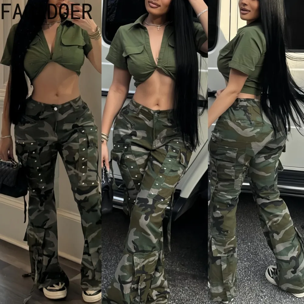

FAGADOER Fashion Camouflage Print Bodycon Pants Woman High Waist Pocket Button Patchwork Pants Female Streetwear Bottoms New