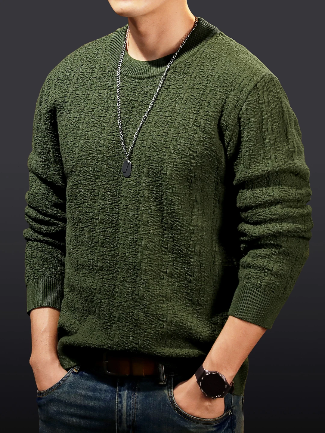 

Высококачественный мужской вязаный свитер с круглым вырезом, теплый, для ношения под одеждой, повседневный базовый слой, с клетчатой текстурой, длинный рукав, полиэстер