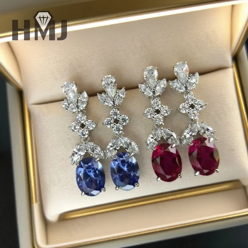 Gemstones Earrings Grown Ruby Sapphire Oval Cut Moissanite Marquise Round Pear Shape S925 Sterling Silver Charms Luxury Trendy