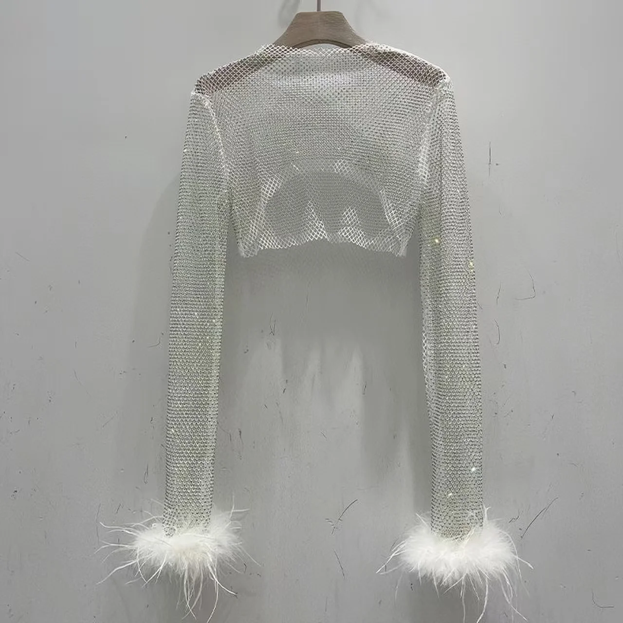 Ostrich Fur Short Diamond Mesh Shirt Long Sleeved Shiny Cuffs Full Diamond Top for Special Occasions
