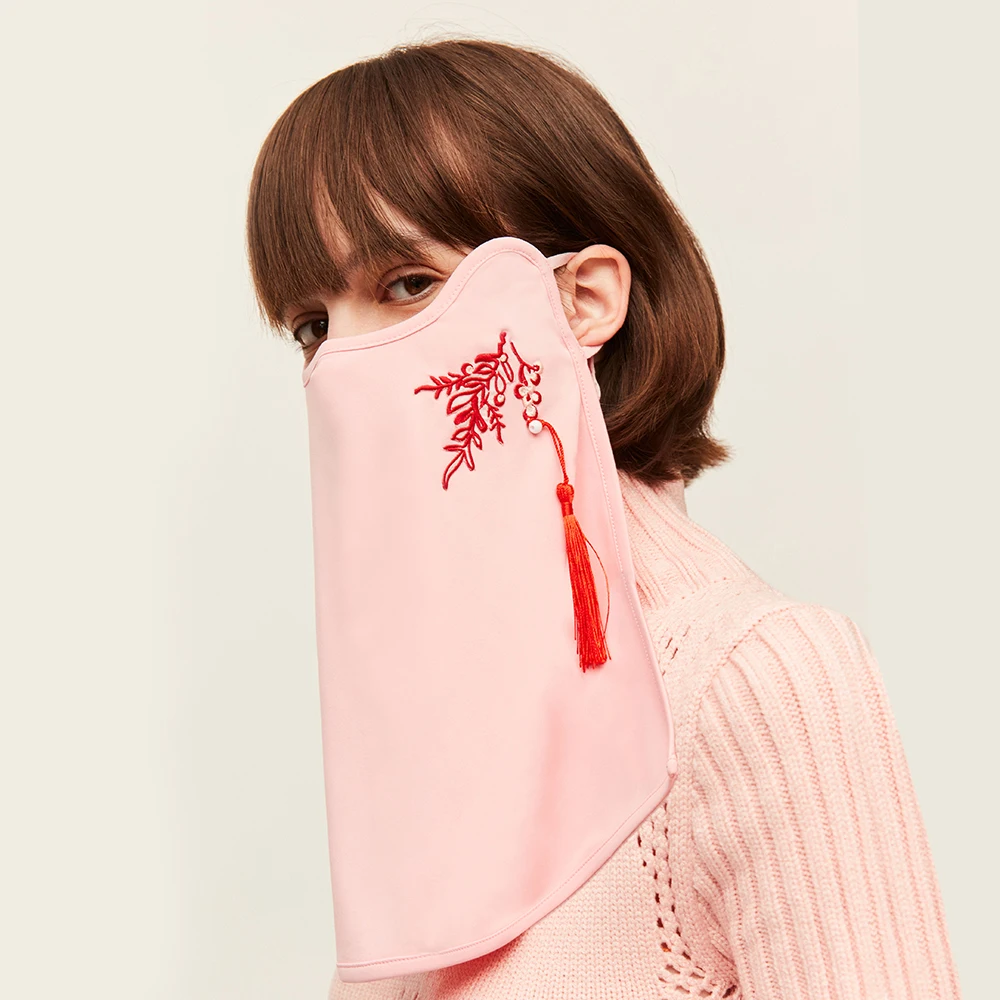 OhSunny Sun Protective Scarf Chinese Style Embroidered Face Cover With Neck Protector Soft Breathable Washable Fashion UV Mask