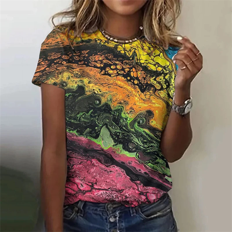 Women Crew Neck T-shirt Purple Blue Marble Swirl Print Short Sleeve Abstract Art Casual Summer Top