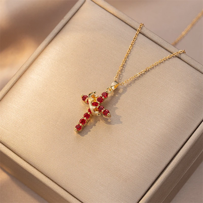 Edelstahl drehbare Krone Kreuz Anhänger Halskette für Frauen glänzende Strass Kreuz Metall Halsband christliche Gebet Schmuck