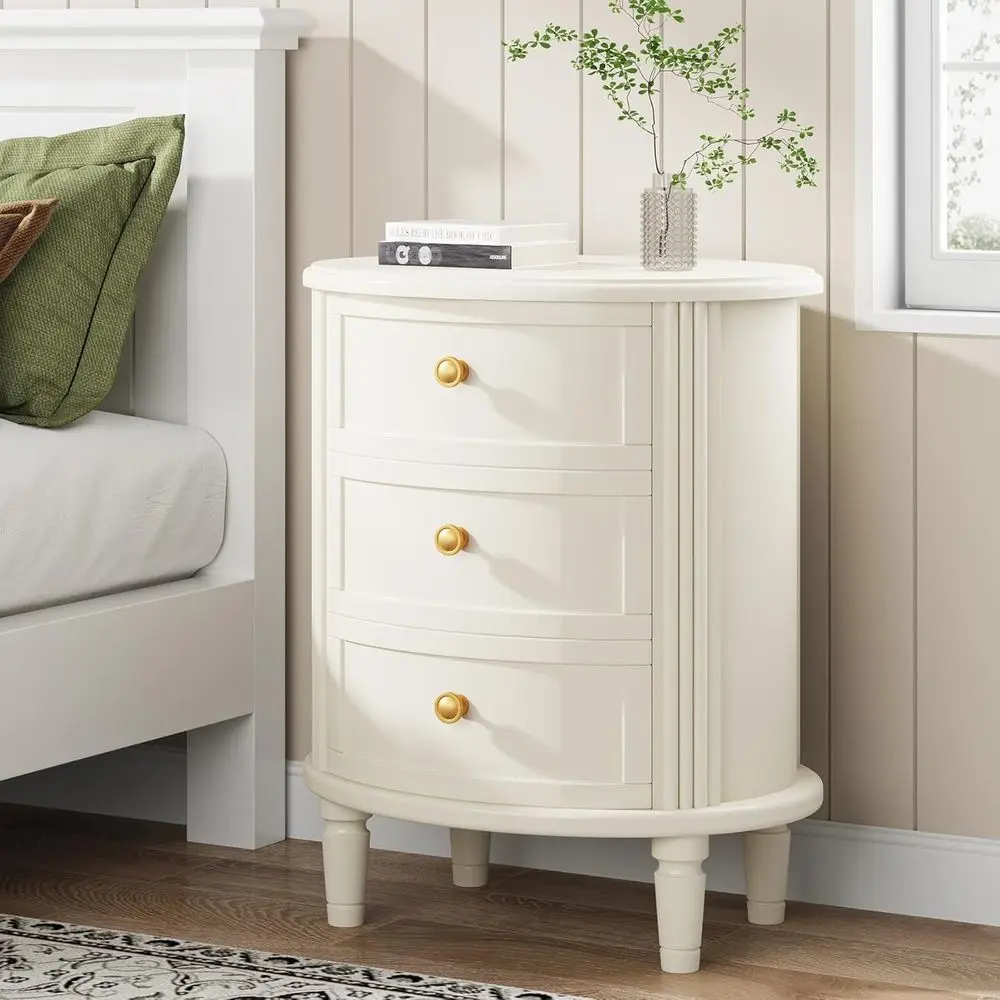 

3-Drawer Wooden Nightstand with Storage, Oval Bedside Table for Bedroom, Assembled, Solid Wood Legs, Beige White