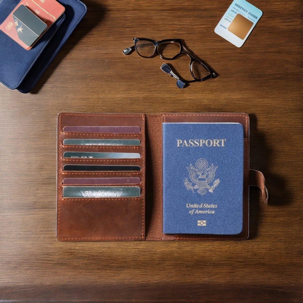 Porte-passeport RFID fin en cuir véritable pour hommes et femmes, portefeuille à deux volets de voyage, porte-carte de crédit, chéquier, couverture de passeport unisexe