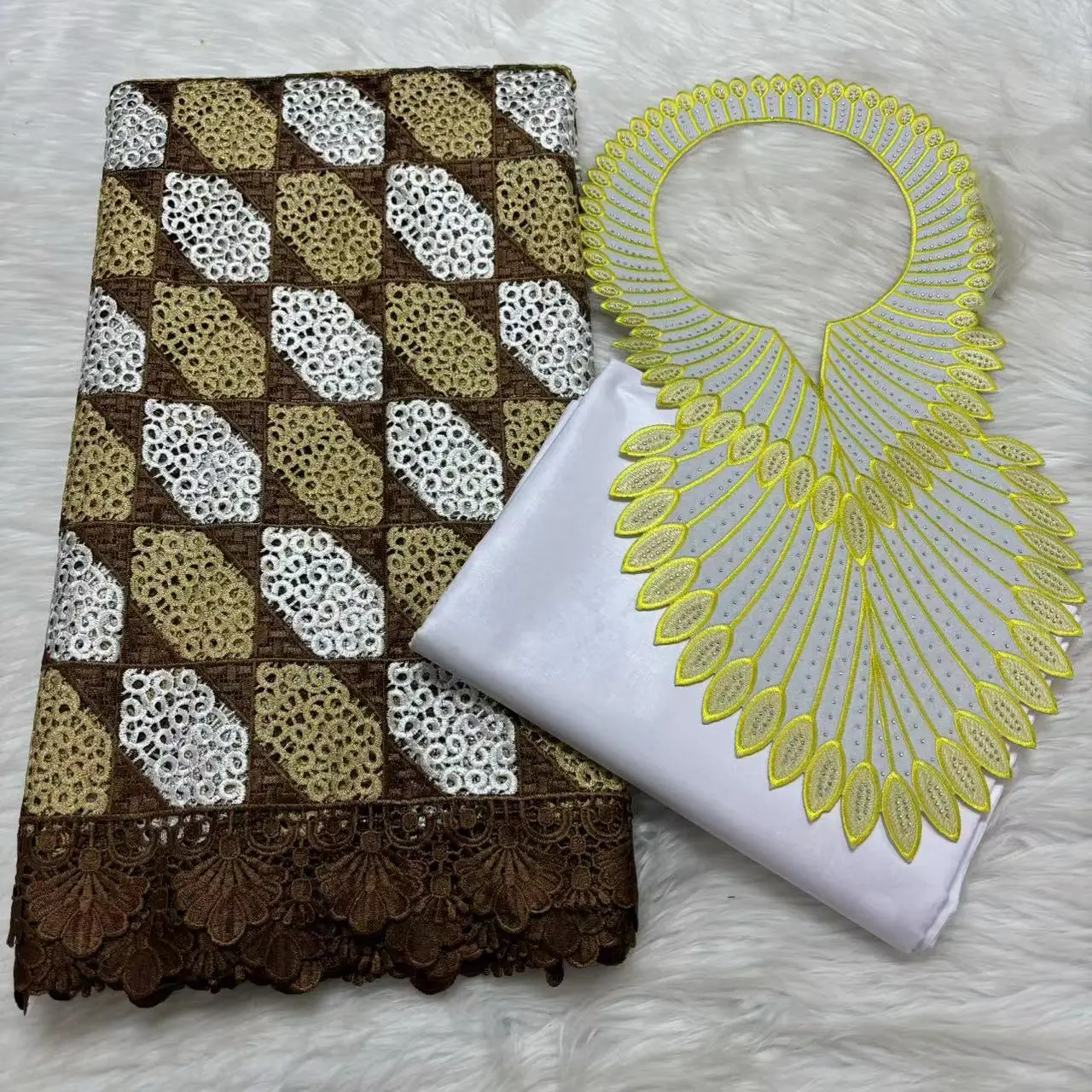 

2.5 Yards African Cord Lace Fabric With 2.5 Yards Plain Bazin Fashion Material And Neck 3 Pieces Set French Lace Guipure Fabrics