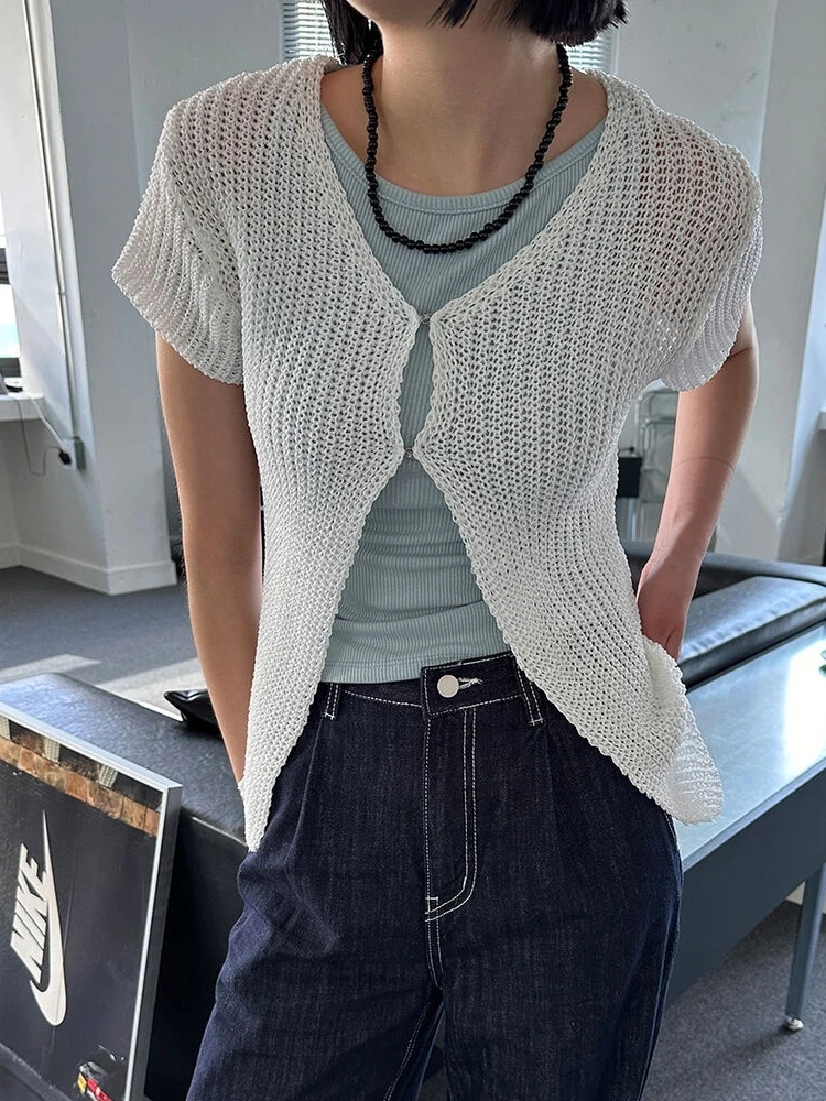 

Женский вязаный топ ort Sve, ажурный дизайн, V-Ne, тонкий летний модный утягивающий модный кардиган, корейский свободный крой