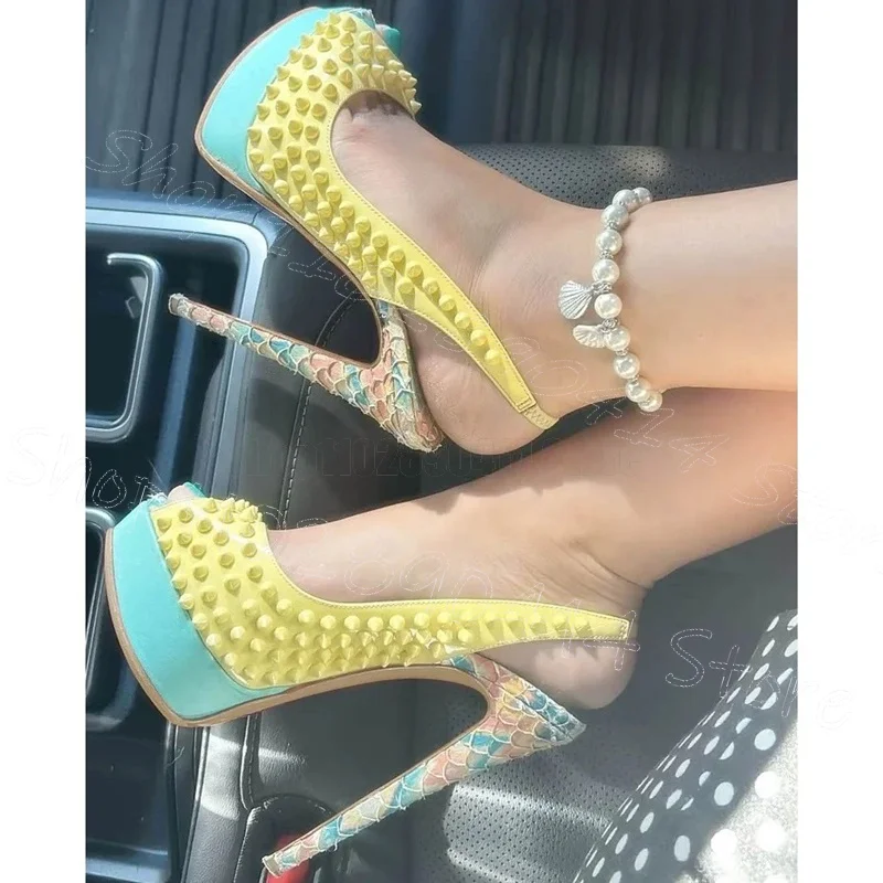 Yellow Spikes Floral Print Heel Peep Toe Sandals Slip On Women Shoes Thin High Heels Party Feast Dating 2026 Zapatos Para Mujere - view 2