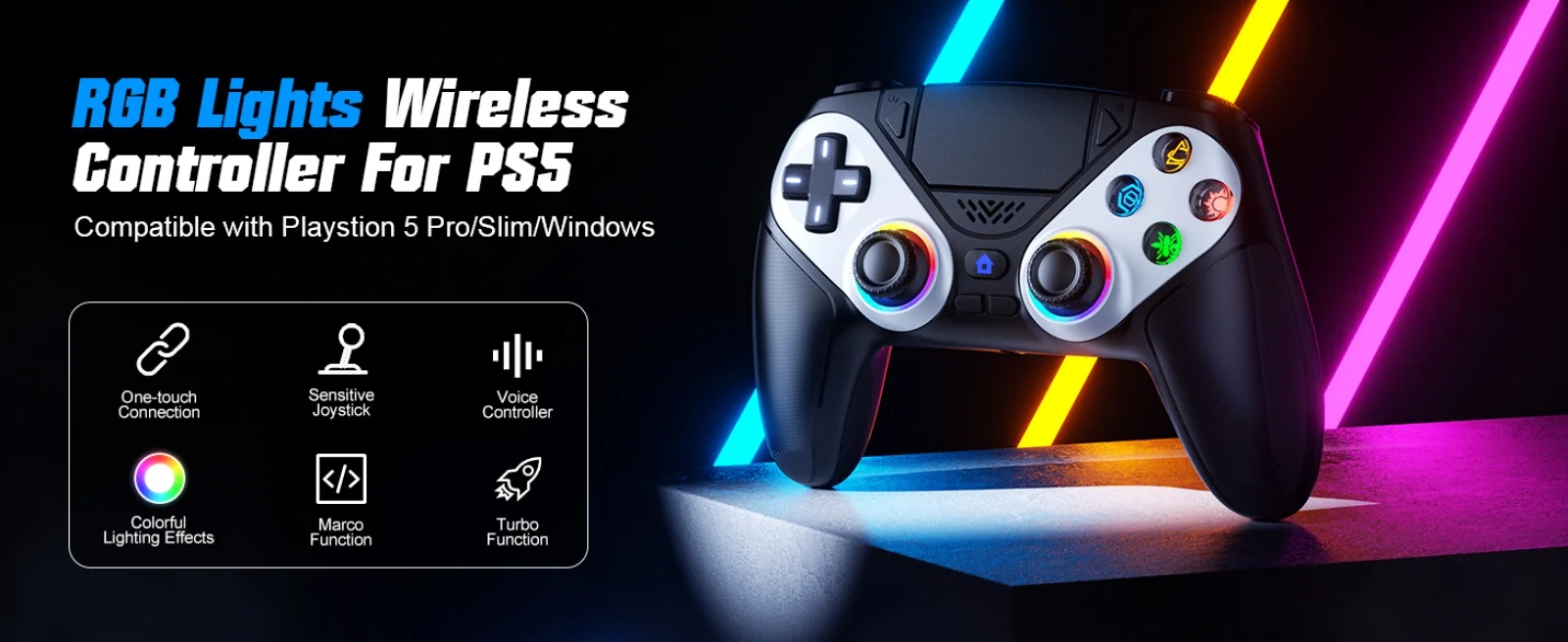 Für Playstation 5/PS5 Pro/Slim/PC RGB BT Kabelloser Controller mit Dual-Shock-Marko/Turbo-Programmfunktion, 3,5-mm-Audioanschluss, Gamepads – Detail 12