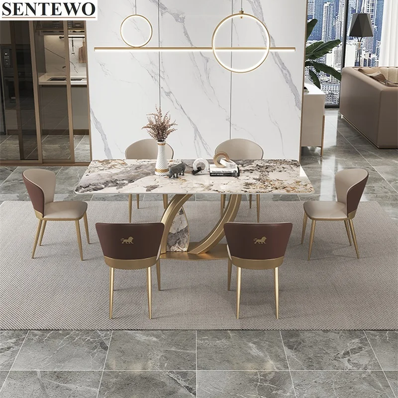 Luxury Rock Slab Kitchen Dining Table 6 Chairs Set Stainless Steel Gold Leg Frame Faux Marble Table Furniture Basse Luxe Chaise