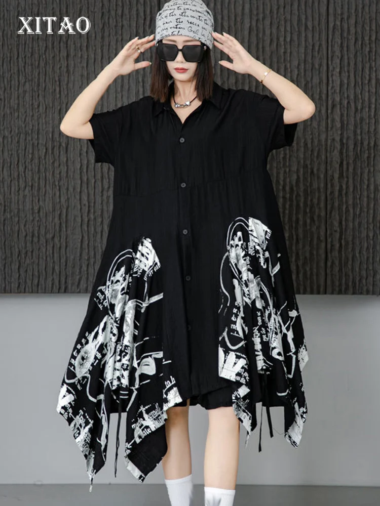 XITAO Irregular Shirt Dress Contrast Color Print Hem Loose Fashion Casual Women Summer New Asymmetrical Dress 2024 WLD20162