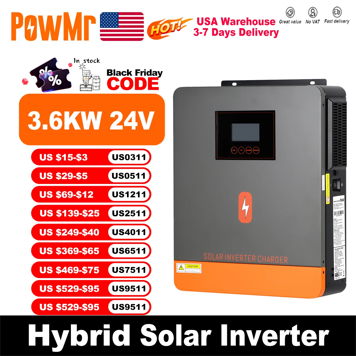 

PowMr USA 3.6KW Hybrid Solar Inverter 24V to 110V 120V Dual Output With Pure Sine Wave 120A MPPT Solar Charge Controller 50/60hz
