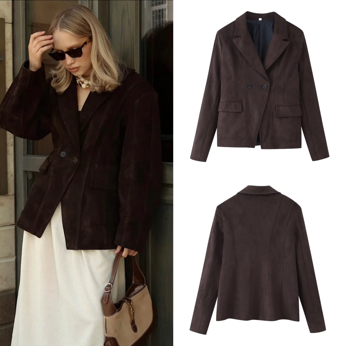 

Двубортные замшевые куртки High Street, женские винтажные длинные пальто с отложным воротником и разрезом, осень-зима 2021, новая женская верхняя одежда