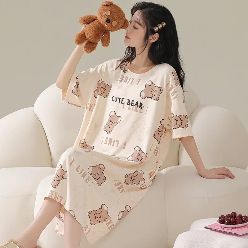 

Women's Nightgown Girls Nightwear Homewear Sweet Style Cartoon Bear Casual Soft Striped Pyjamas Skirt Student Sleepwear Dress