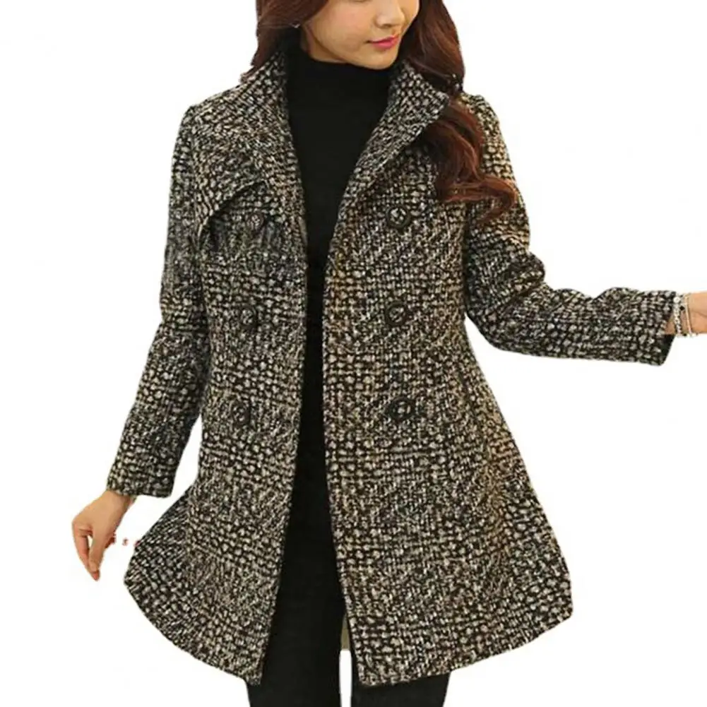 Elegant Women Winter Coat Thick Plaid Print Midi Length Jacket Double-breasted Keep Warm Buttons Thick Mother Overcoat