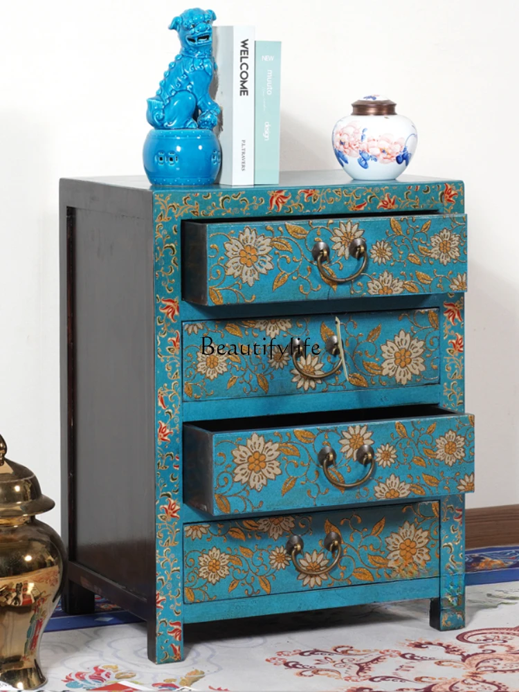 Chinese retro solid wood three-dimensional pattern painted bedside table American drawer cabinet