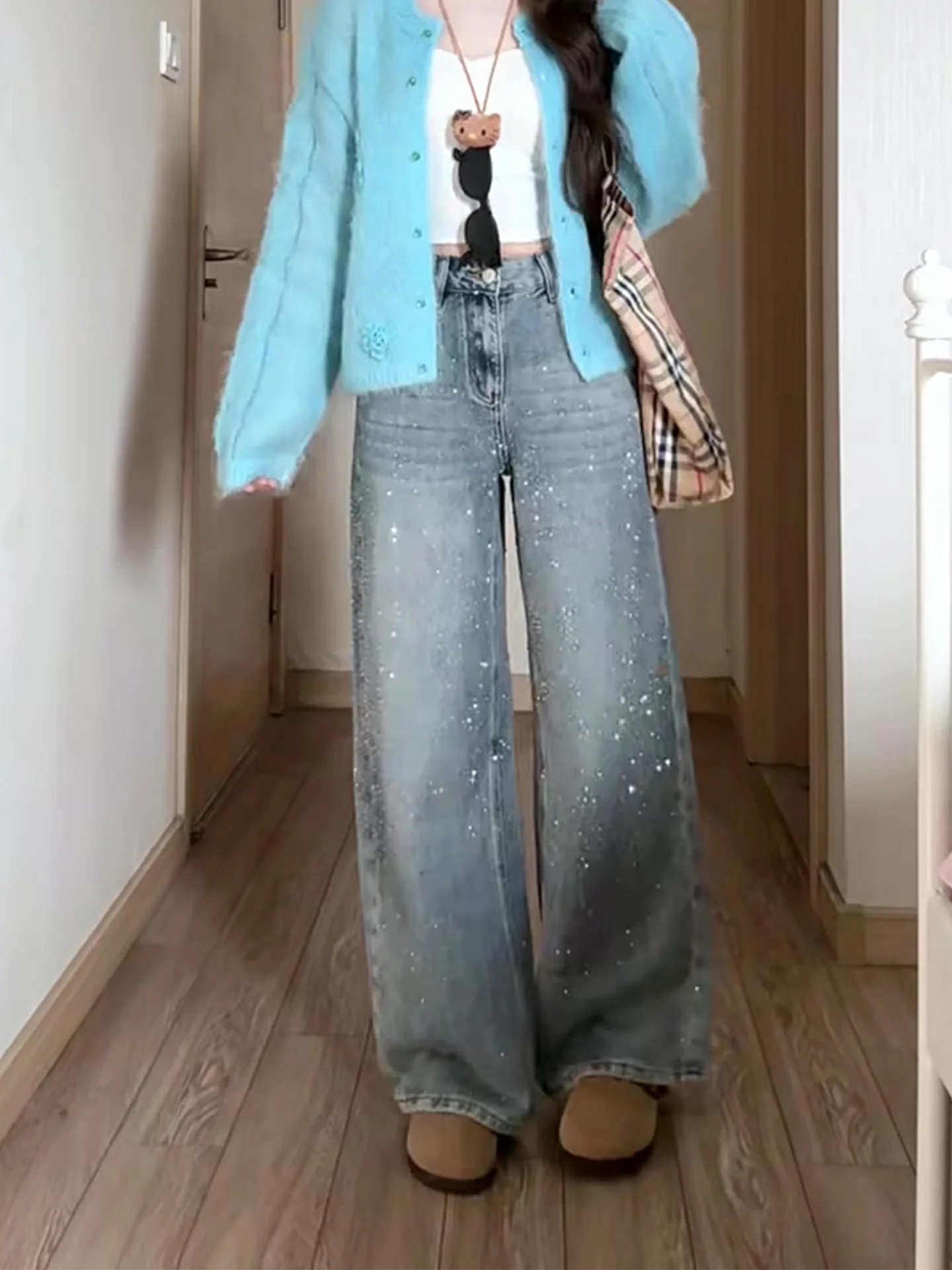 

High Waist Straight Leg Blue Jeans Women's Summer New Style American Retro Washed Wide Leg Pants Slimming Effect Denim Jeans