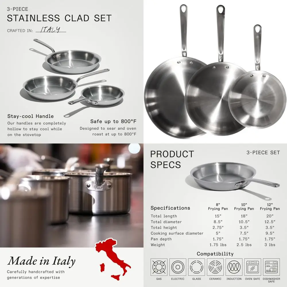 

Stainless Steel 3-Piece Frying Pan Set - 8, 10, and 12 Inch Pans - 5 Ply Clad Professional Cookware - Crafted for Culinary Excel