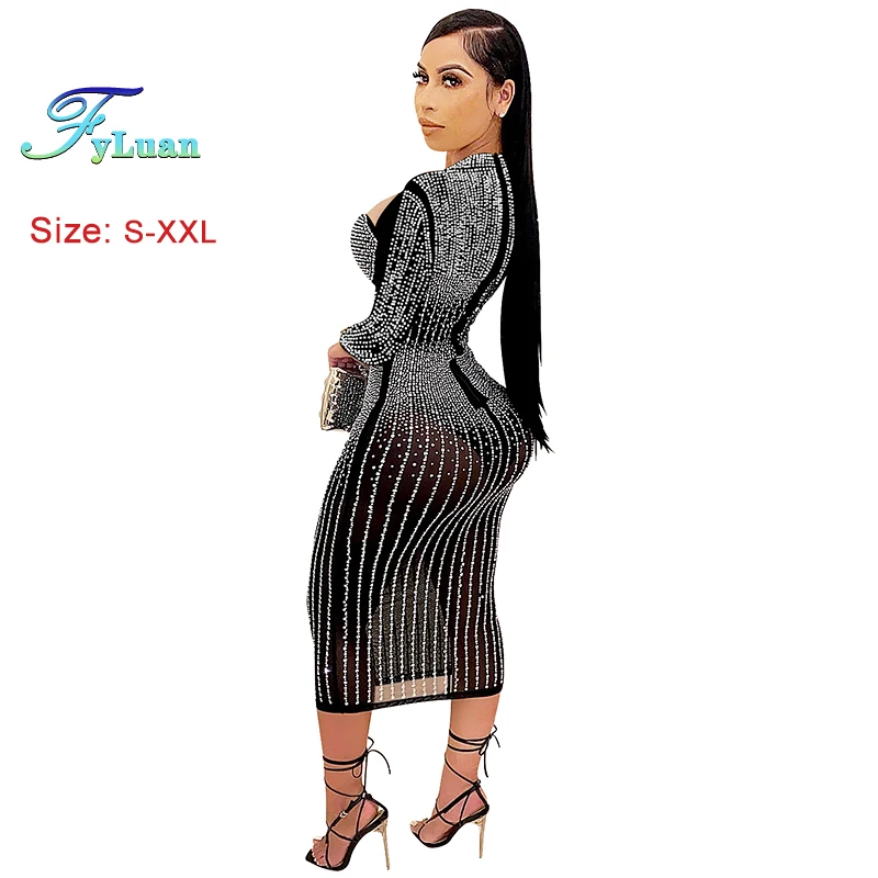 2025, Produkt für Damen, Party, Nachtclub, Netz, Diamanten, heiße Strasssteine, lange Ärmel, durchsichtiger Ausschnitt, figurbetont, sexy Partykleider