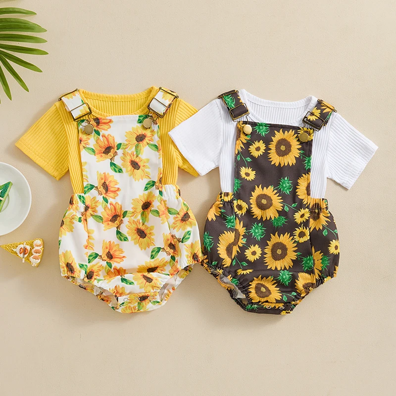 

2024-04-03 Lioraitiin Baby Girl 2 Piece Summer Set, Short Sleeve Ribbed Tops Sunflower Print Adjustable Overalls Toddler Outfits