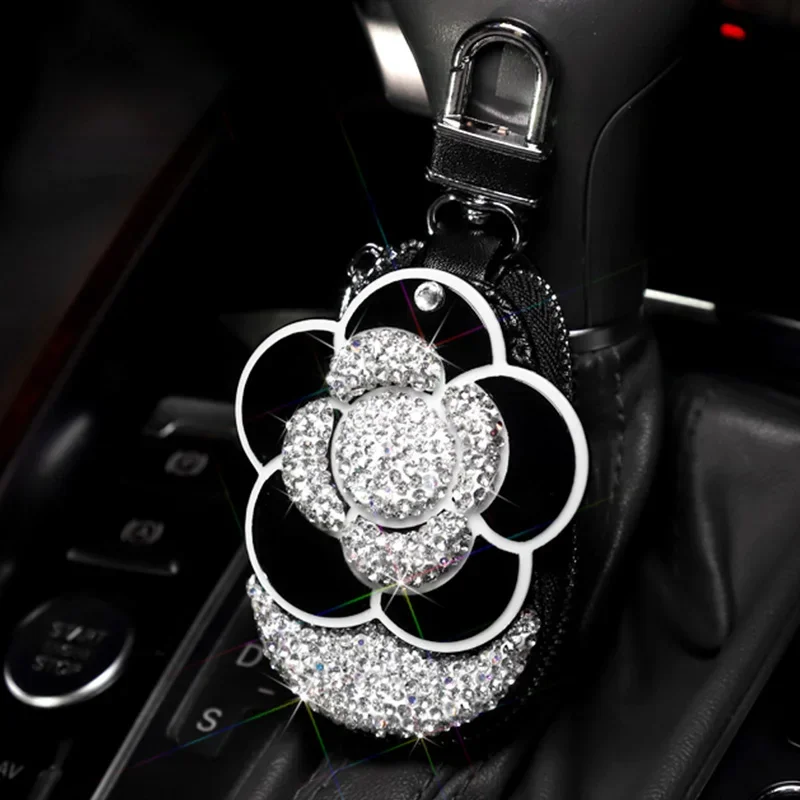 Diamond Crystal Camellia Car Key Case Keychain Driver License Holder Bag Case Bling Car Interior Accessories for Woman Girls