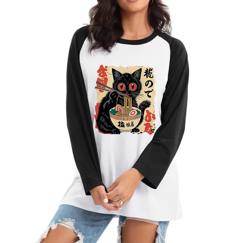 90er Jahre Frauen japanische schwarze Katze Ramen T-Shirt süße Grafik T-Shirt lustige Katze essen Ramen T-Shirt Druck Langarm T-Shirts Tops