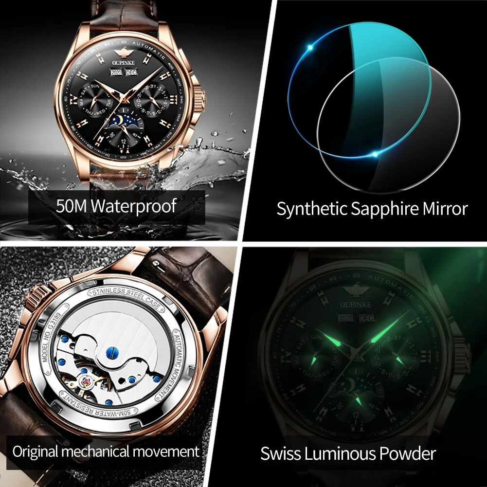 OUPINKE Men\'s Watches Luxury Automatic Mechanical Wirstwatch Moon Phase Sapphire Multifunctional Watch for Man Leather Bracelet