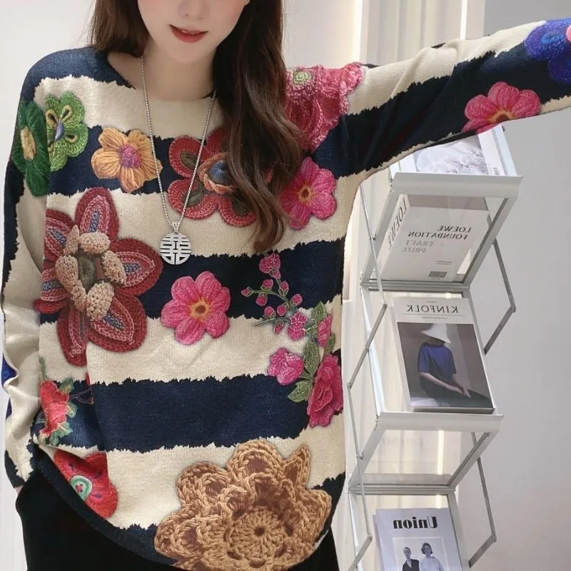 2023 Spring and Autumn New Fashion Women\'s Round Neck Retro Folk Contrast Color Printed Diamonds Long Sleeve Loose Pullover Tops