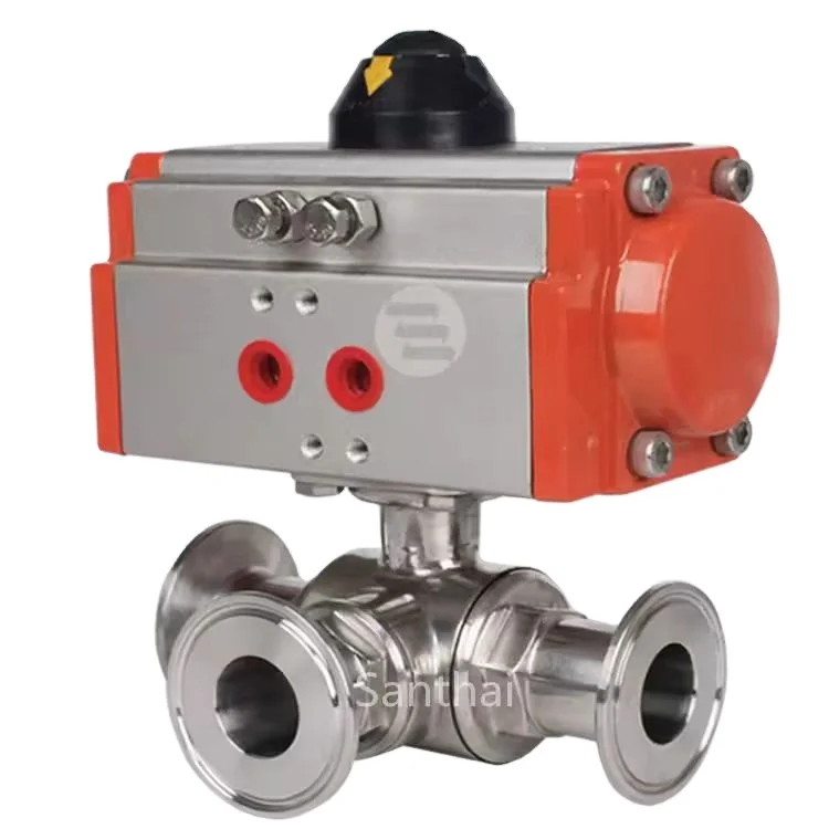 SANTHAI SS304/316L Sanitary Pneumatic Three-way Ball Valve With Pneumatic Actuator Double Acting Cylinder