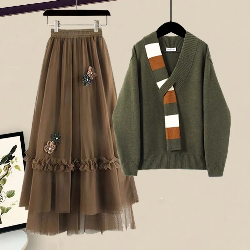 

Autumnal Artistic Vintage V-ne Knitwear Women's New Design Slimming 3D Decoration Skirt Two-piece Set Casual Wear