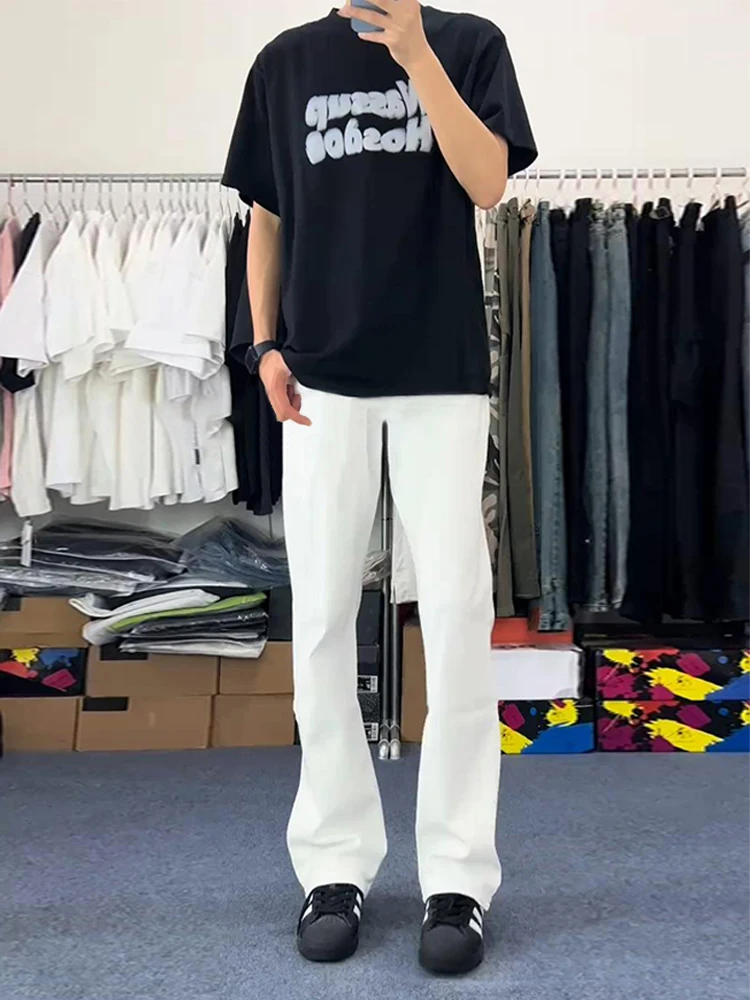 

Белые мягкие мужские джинсы, летние, прямые, в стиле High Street, модные, с высокой талией, расклешенные, повседневные, удобные, прямые брюки-джинсы