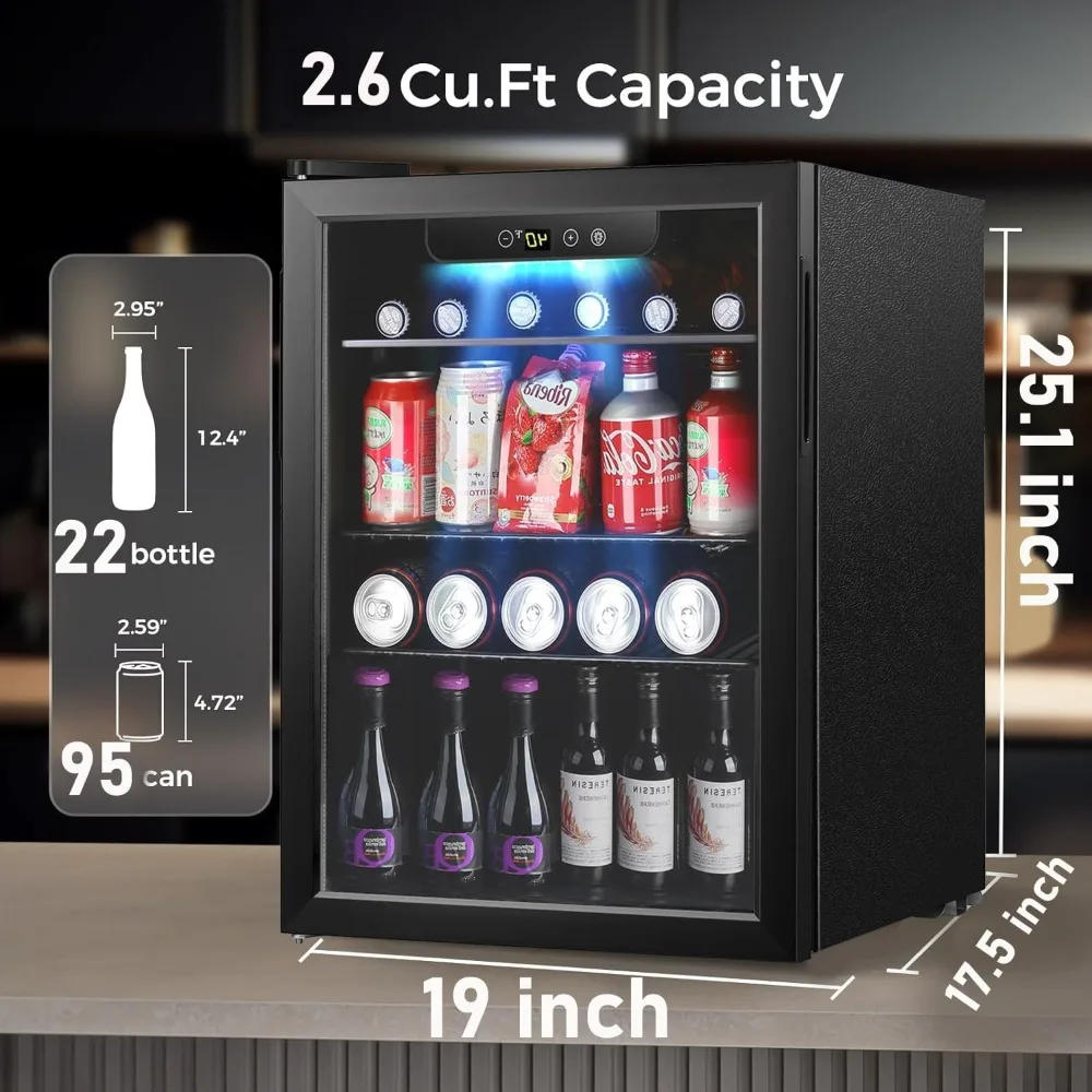 95 can mini fridge with digital temperature control, LED lights, reversible doors, perfect for homes and offices