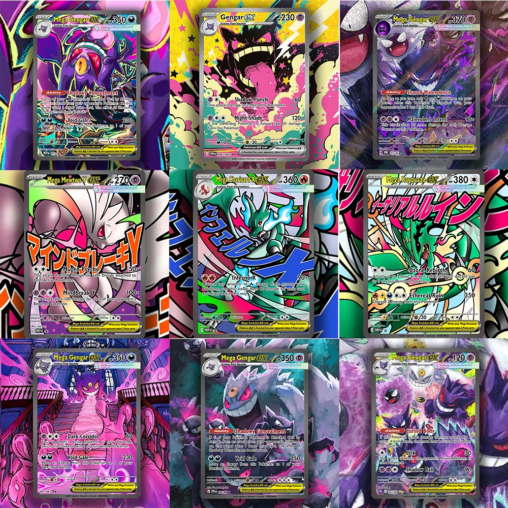 Conjunto de Cartas Raras PKM de 9 Peças, Série Mega Attack, Gengar/Rayquaza/Charizard/Mewtwo, Coleção de Cartas de Anime, Cartas de Vida Real