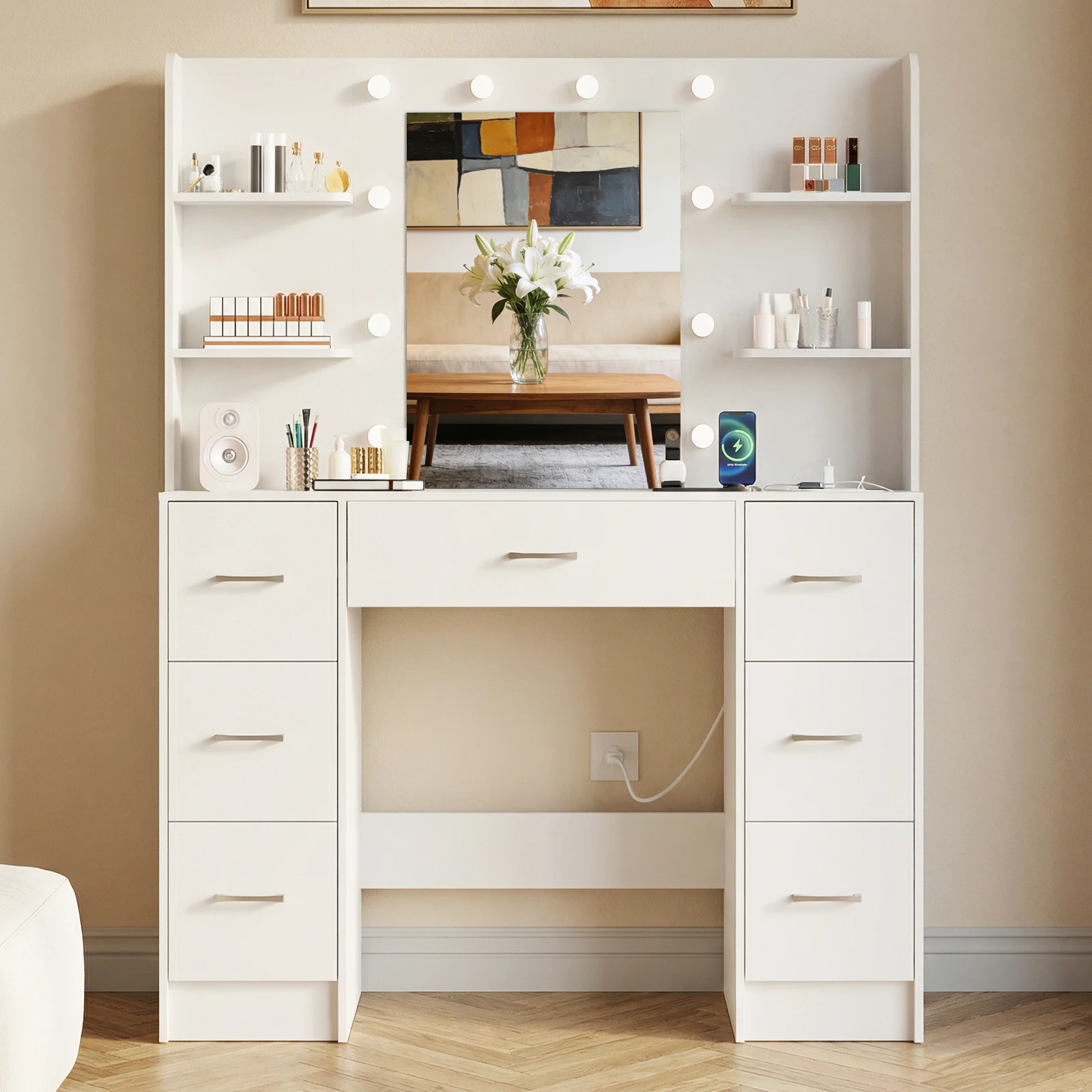 Home Outlet Bathroom Vanity - Large White Vanity Desk with LED