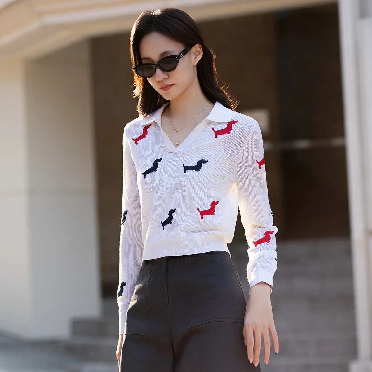

TC895 High quality trendy polo shirt with puppy pattern 30% silk 70% Merino wool