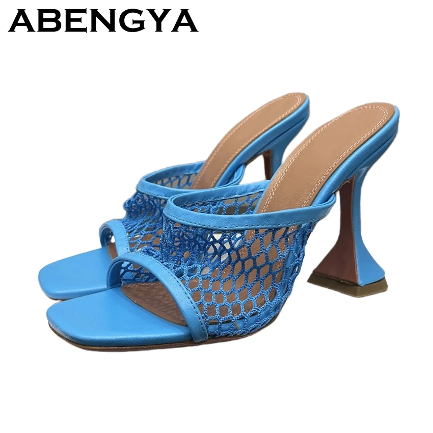 

2025 Summer Hollow Out Mesh Goblet High Heels Slippers Women Fashion Square Open Toe Pumps Mules Sexy Party Dress Shoes Mujer