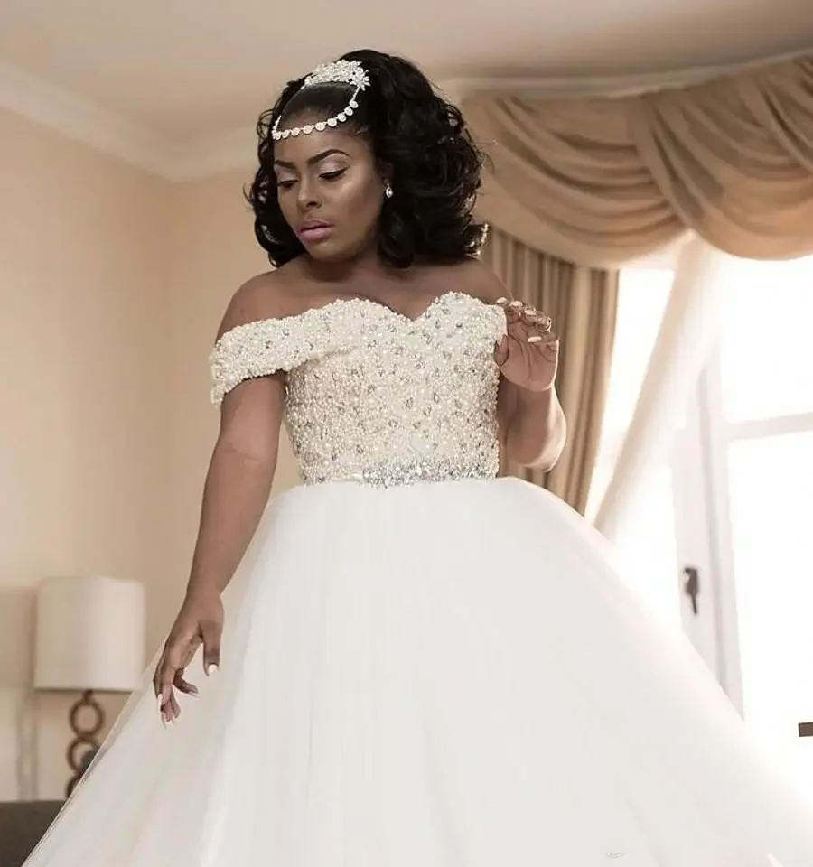 Customized Plus Big Size Customized Cheap Lace Off The Shoulder Cathedral Train Pearls African Wedding Dresses 2025