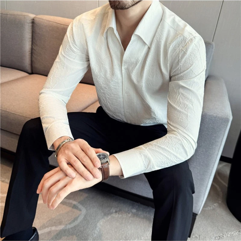 الخريف عالية الجودة قميص الرجال طويلة الأكمام مطوي تصميم الخامس الرقبة قمصان عادية عادية الأعمال الاجتماعية قميص الرجال الملابس #5
