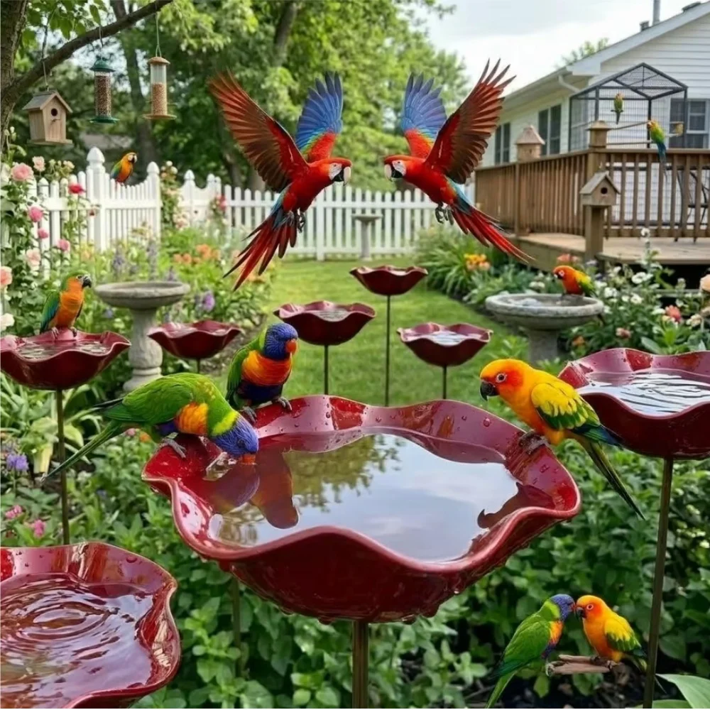 Flower Shaped Bee Watering Station Metal Flower Garden Stake Bird Bath Butterfly Water Feeder Garden Bird Bath Bowls for Outside