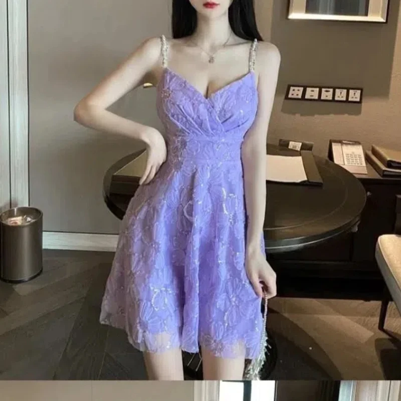 

Solid Color Women's Clothing Summer Pullover Chain Camisole Bright Silk Sequined Gauze Ball Gown Mini Skirts Luxury Dresses