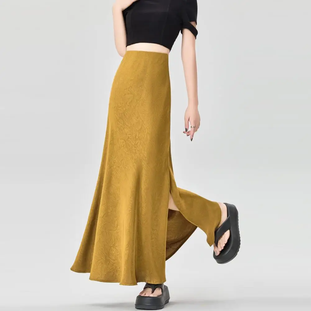 Shiny Satin Skirt Elegant Satin Fishtail Skirt with Slit Design for Women High Waist Midi Skirt Solid Colors Slim Fit for Summer