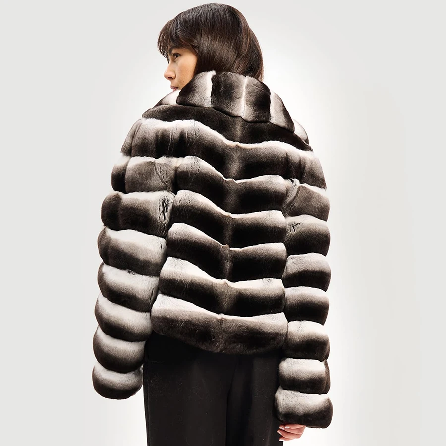 Abrigo de piel de conejo Chinchilla Rex para mujer, Chaqueta corta con solapa, moda de invierno, 2024